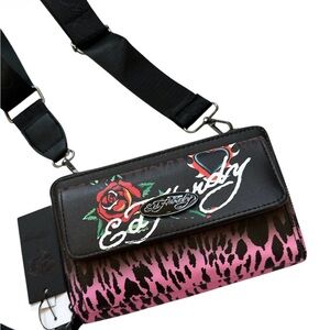 Ed Hardy Black and Pink Crossbody wallet Bag vegan leather Multi compartment
